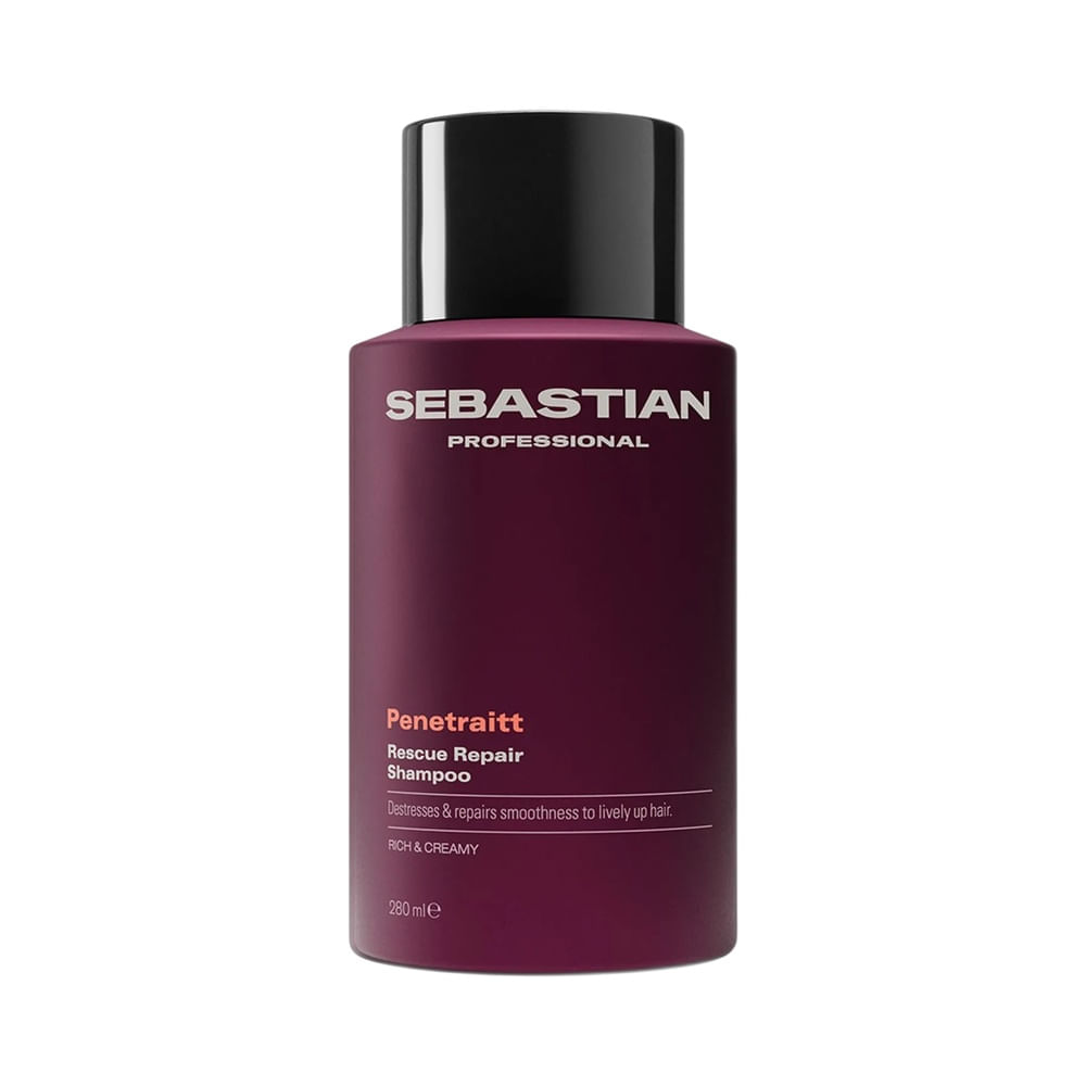 Frasco de shampoo Sebastian Penetraitt 280ml em embalagem roxa com tampa preta